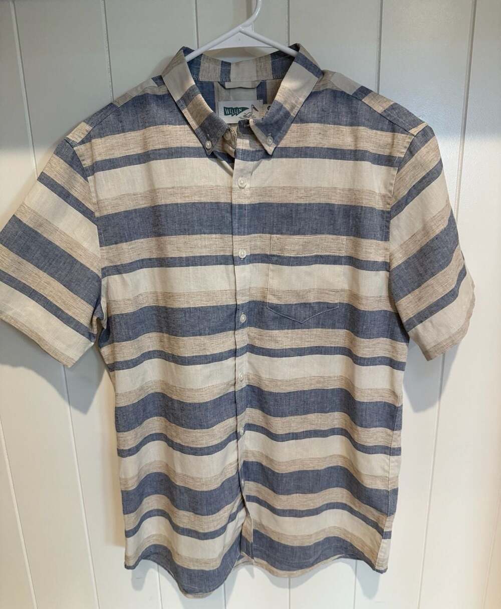 Wellen Wrinkle Free Linen Short Sleeve Shirt in Blanket Stripe